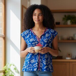 Irving & Fine for Lucky Brand Women’s Embroidered Boho Blouse | Blue Orange | L